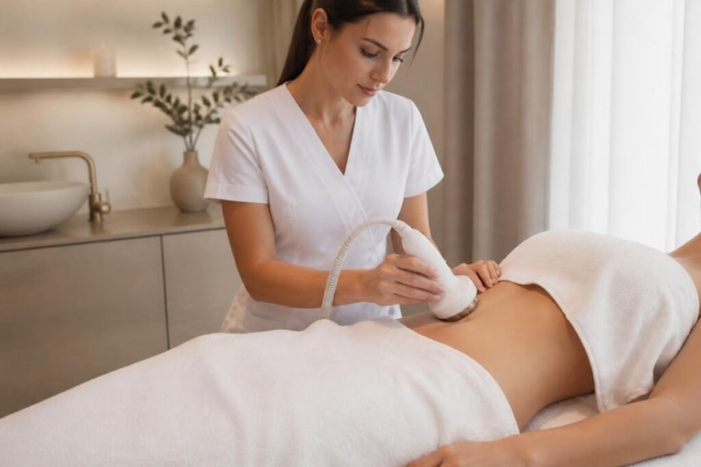 Aesthetician performing a radiofrequency body contouring treatment on a client's abdomen at a med spa near Johns Creek, GA