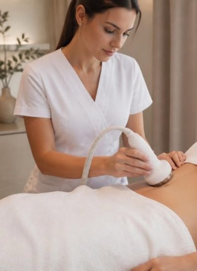 Aesthetician performing a radiofrequency body contouring treatment on a client's abdomen at a med spa near Johns Creek, GA